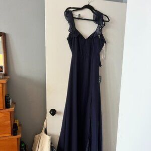 Lulus navy gown, never worn, cap flutter sleeves, tie back